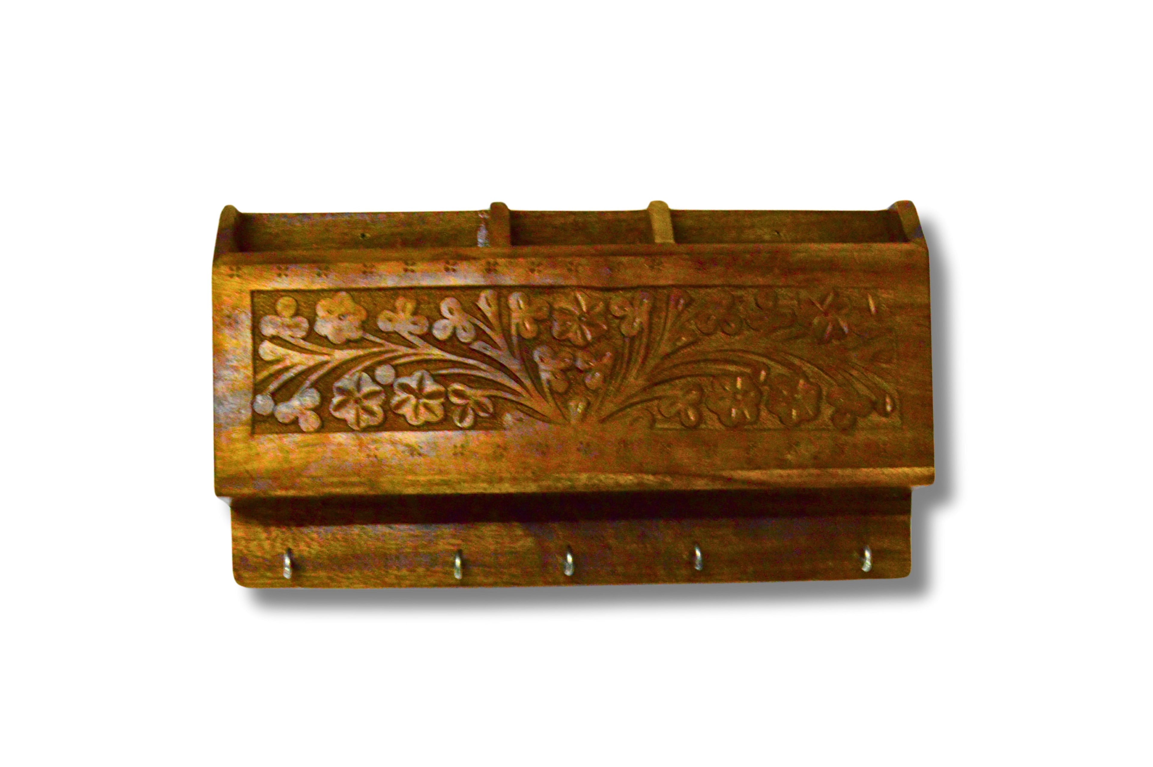 Wall Hanging Remote Stand with Key Chain Holder Carving