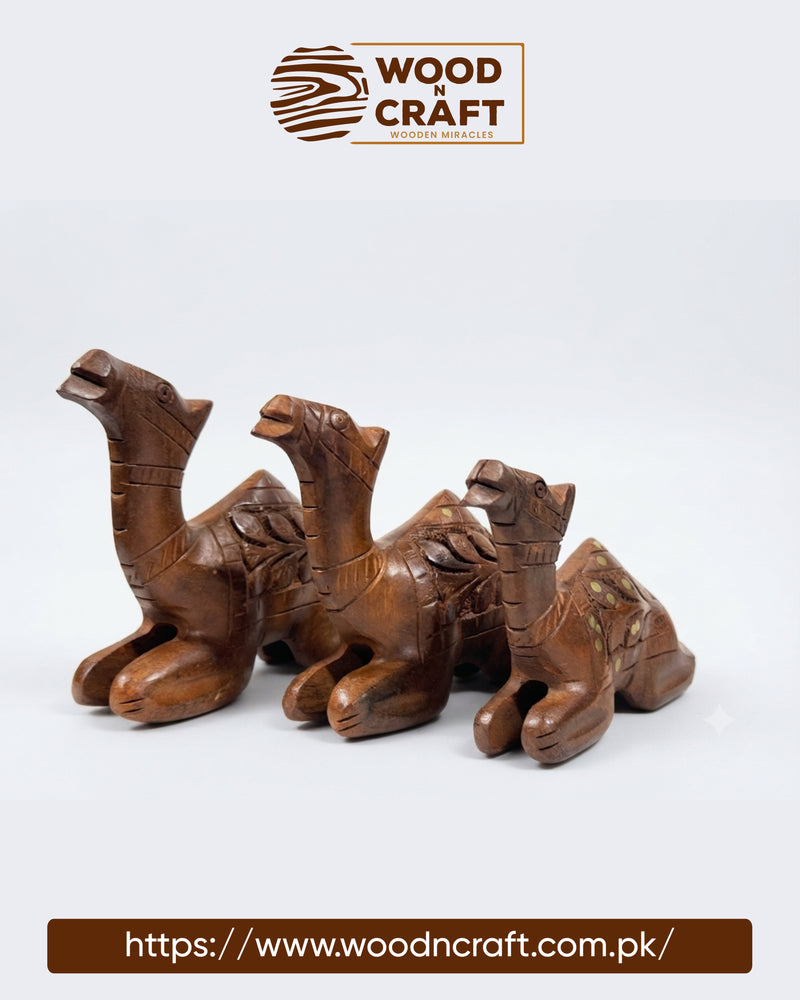 Handcrafted Wooden Camel Family Figurine Set