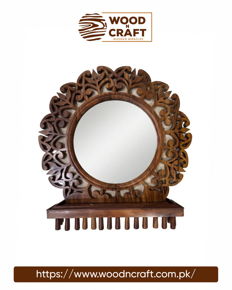 Hand-Carved Wooden Wall Mirror with Utility Shelf