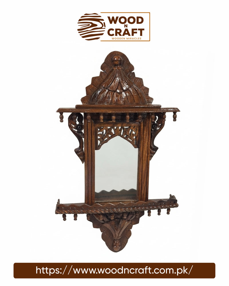 Traditional Hand-Carved Wooden Wall Mirror with Shelf
